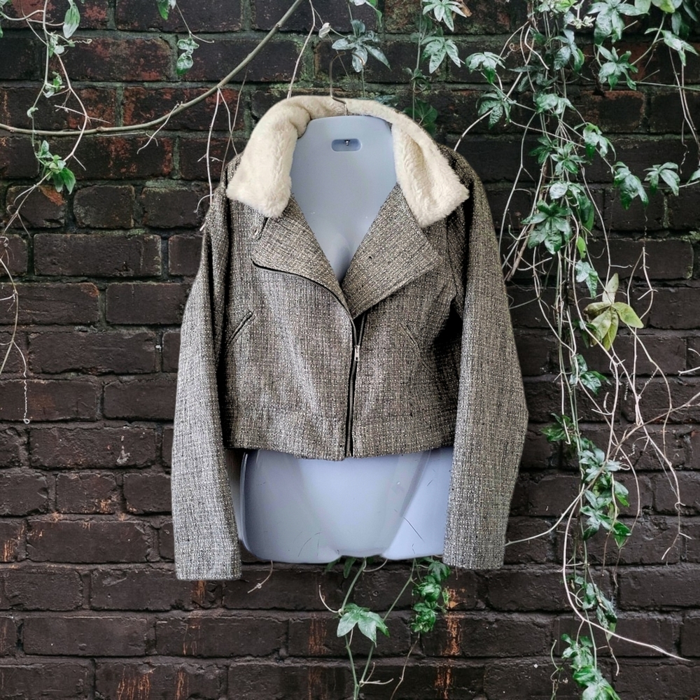 About Us | NWOT Gray/White Faux Fur Tweed Semi-Crop Lightweight Moto Jacket